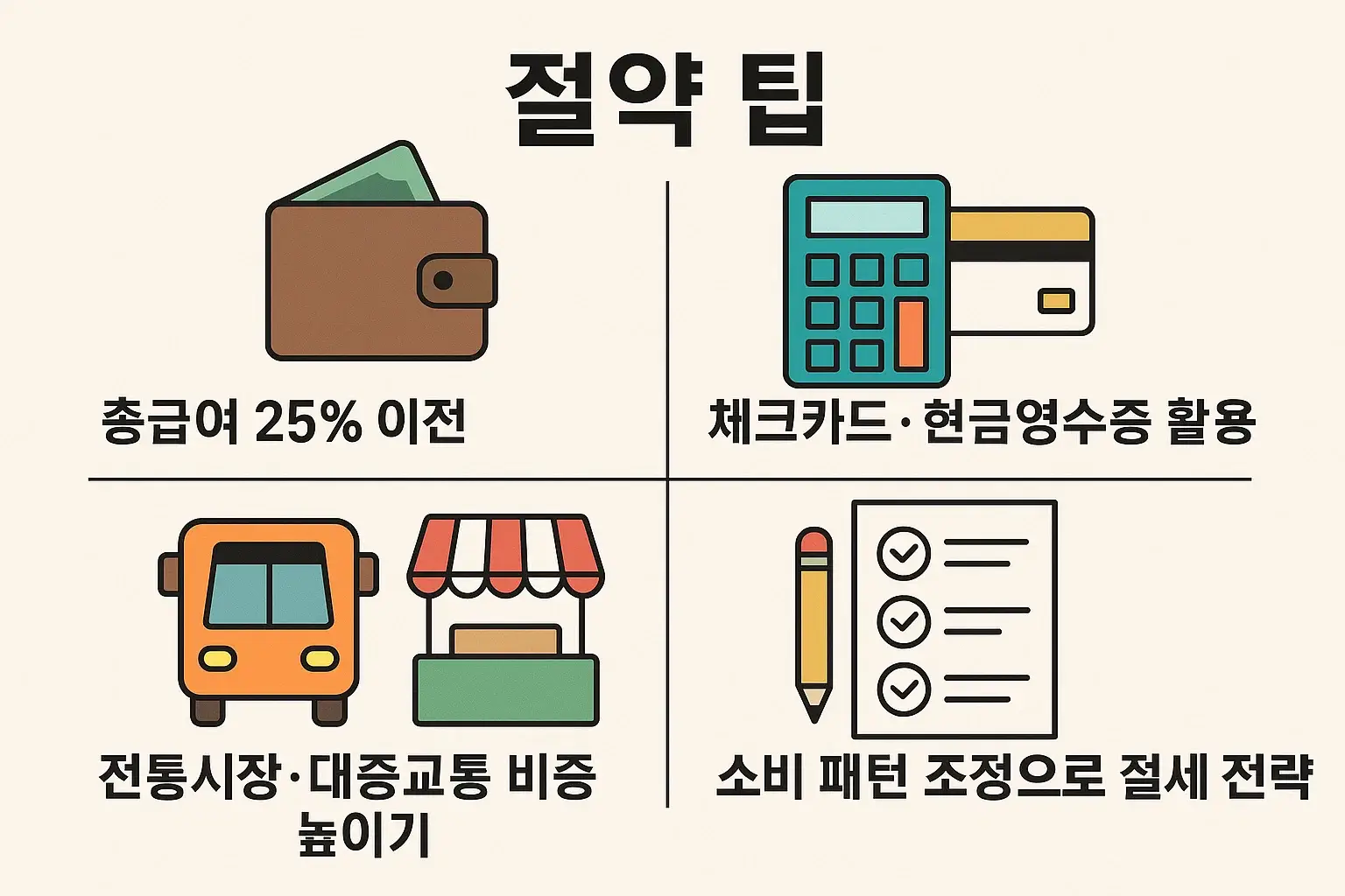 총급여 25% 초과 사용 기준, 체크카드·현금영수증 활용, 전통시장·대중교통 비중 확대 등 신용카드소득공제 혜택을 극대화하는 절세 전략을 담은 인포그래픽입니다.