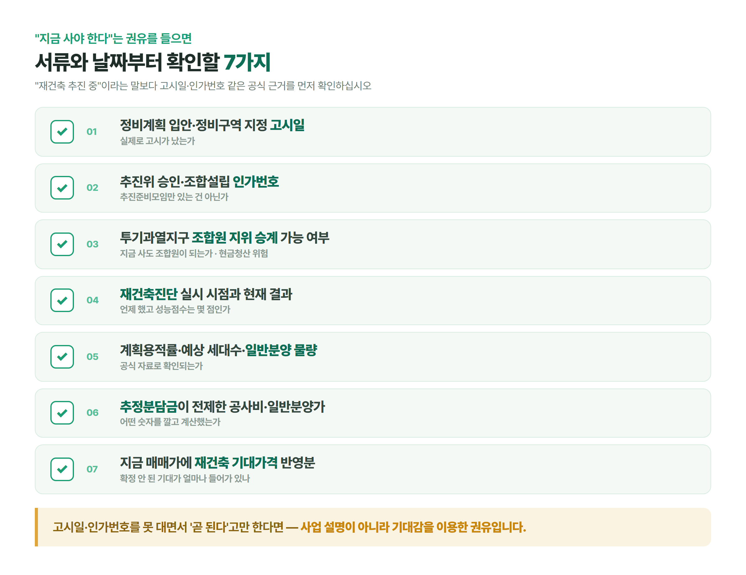 지금 사야 한다는 권유를 들으면 고시일, 인가번호, 투기과열지구 조합원 지위 승계, 재건축진단 결과, 용적률과 세대수, 추정분담금 전제, 기대가격 반영분 일곱 가지를 확인하라는 체크리스트 삽화