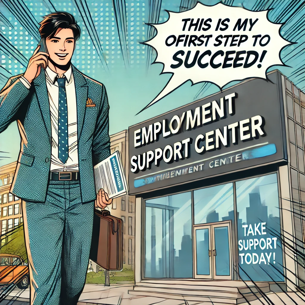 'Employment Support Center'라고 적힌 건물에서 문서를 들고 자신감 있게 걸어나오는 모습