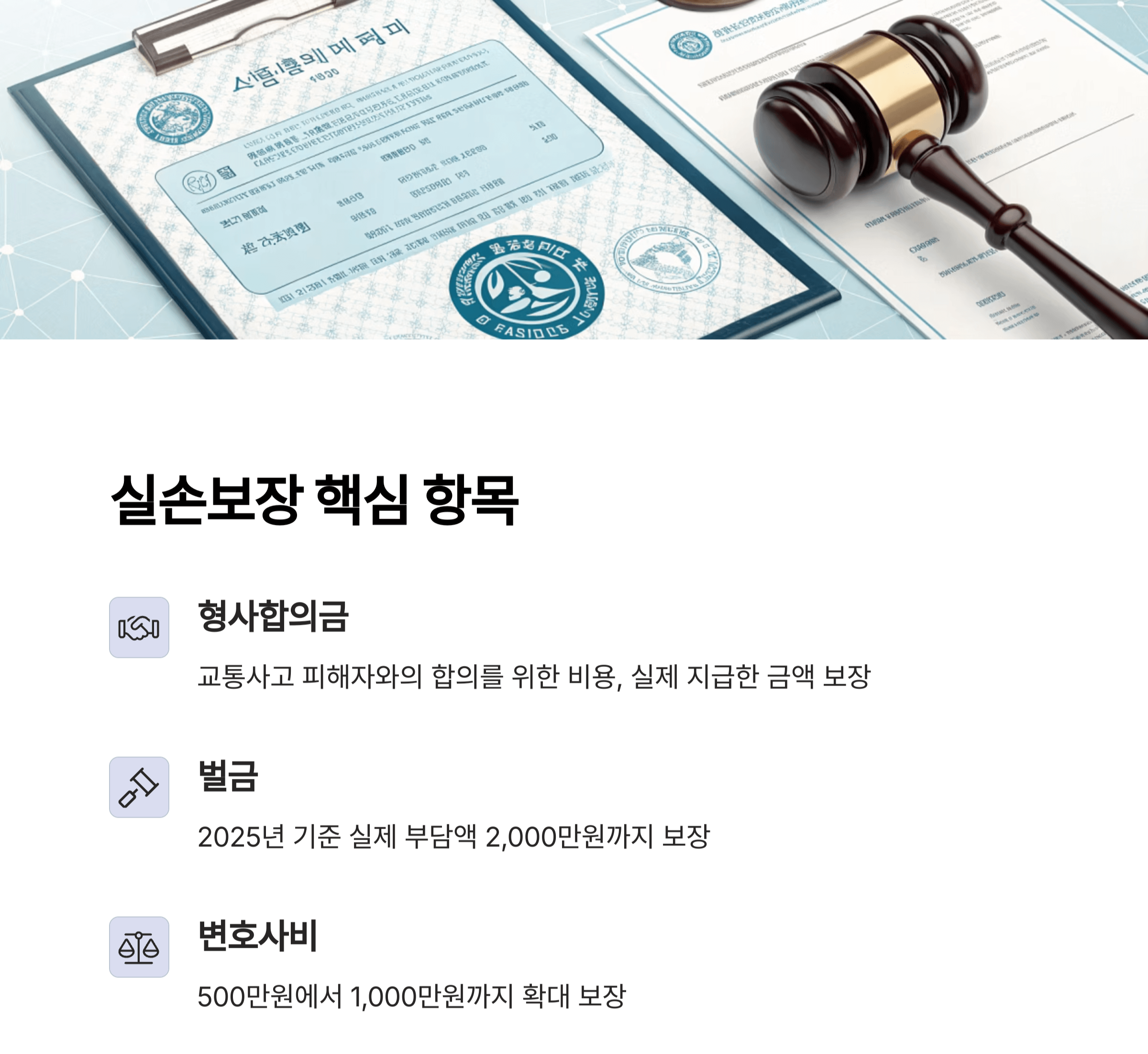 운전자 보험 실손보장 주요 항목 - 형사합의금, 벌금, 변호사비