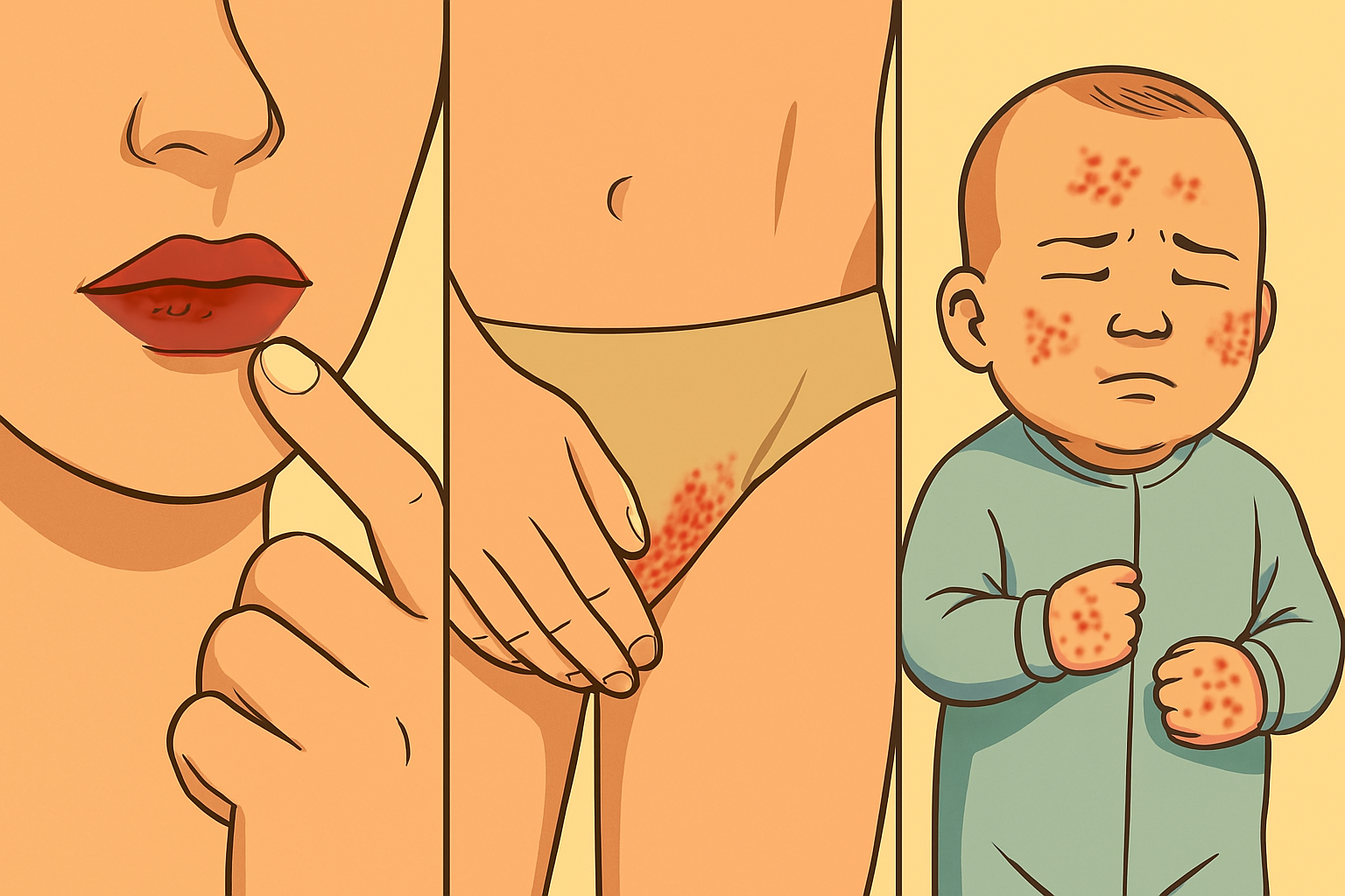 헤르페스에 관해 대표적인 입술, 성기, 신생아에 대한 증상을 표현한 이미지