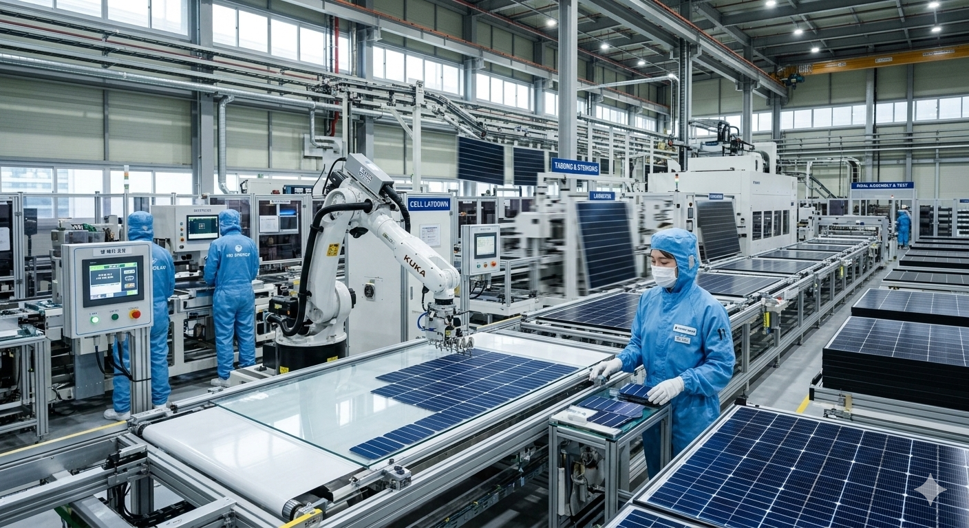 HD현대에너지솔루션 상한가 기록 및 태양광 패널 제조 공정 이미지