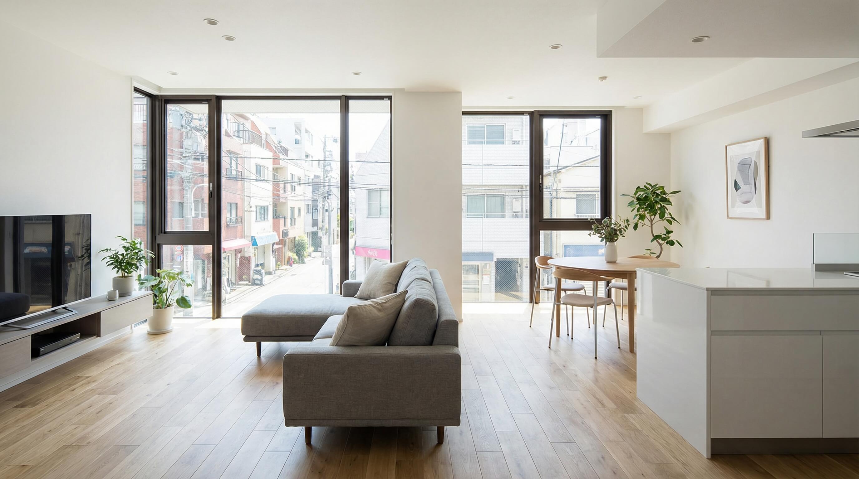 リノベーションされたモダンな賃貸マンション内装、清潔でおしゃれな室内、明るい雰囲気