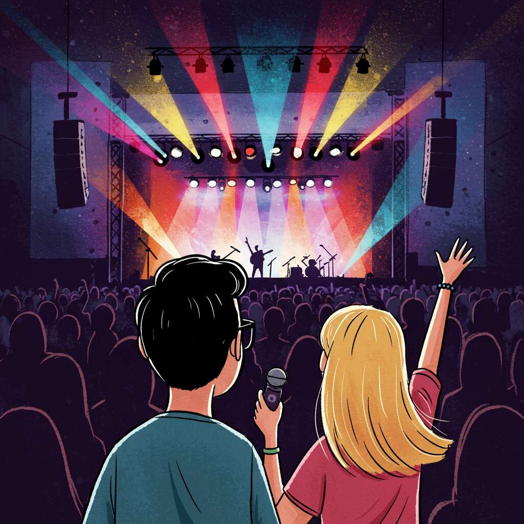 데이트 경험 선물 아이디어를 표현한 일러스트, 무대 조명 아래 콘서트를 함께 즐기는 커플, 감성적이고 설레는 분위기
