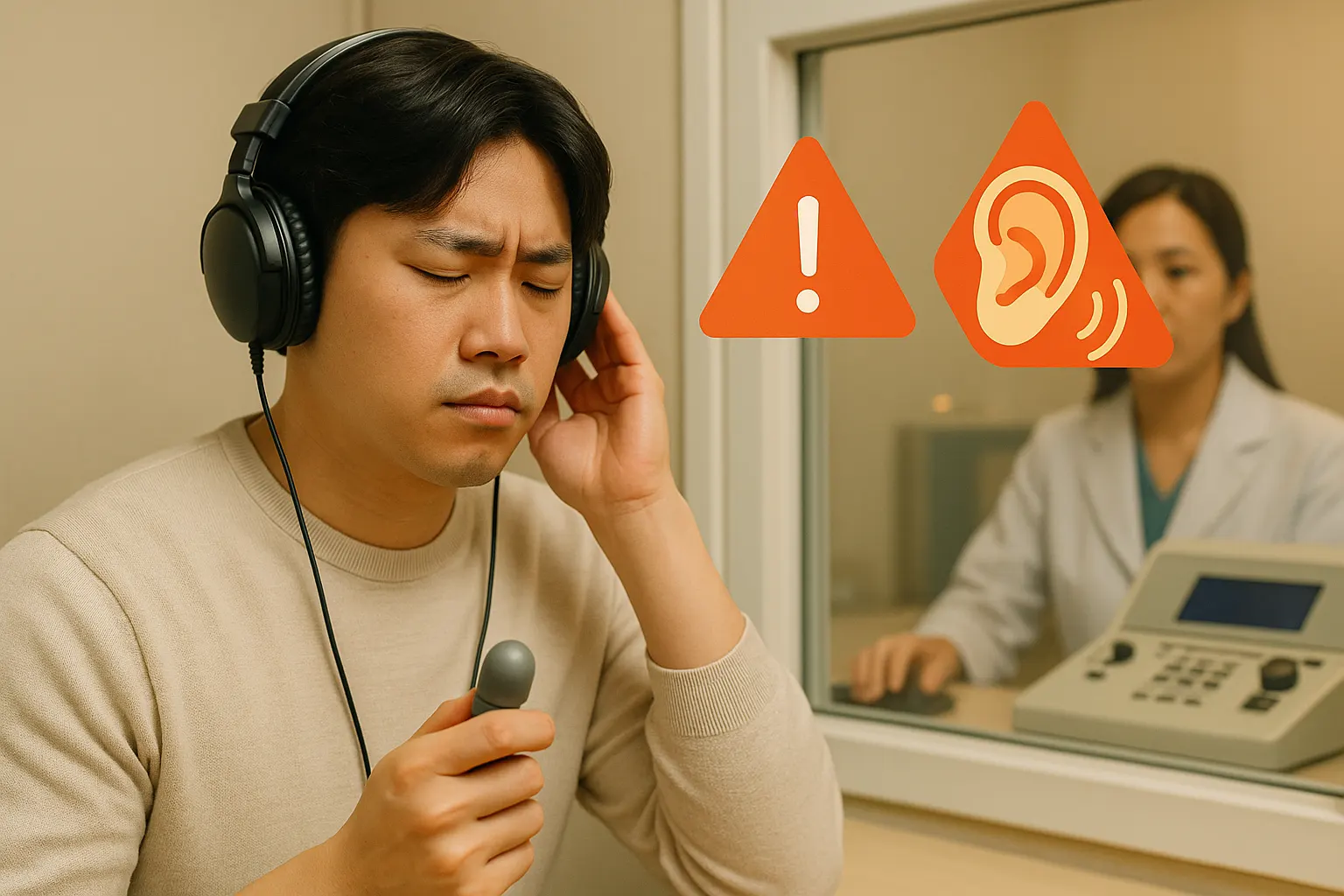이비인후과 진료를 받는 사람, 청력 검사 중 헤드폰을 쓰고 있는 모습