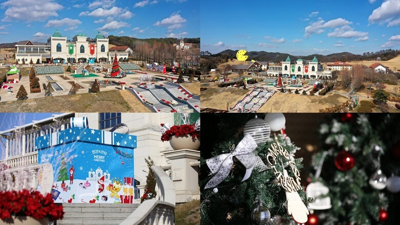 산타축제 전경사진으로 낮에 임실치즈테마파크 전체가 보이는 우측, 좌측에서 바라본 전경과 거대한 모형선물박스와 크리스마스트리가 있는 모습