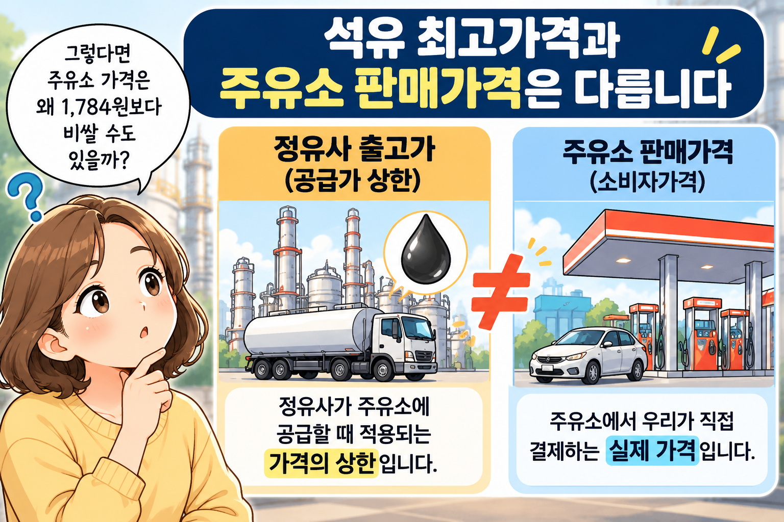정유사 출고가인 공급가 상한과 주유소에서 소비자가 실제로 결제하는 판매가격은 서로 다르다는 점을 비교해 설명한 이미지