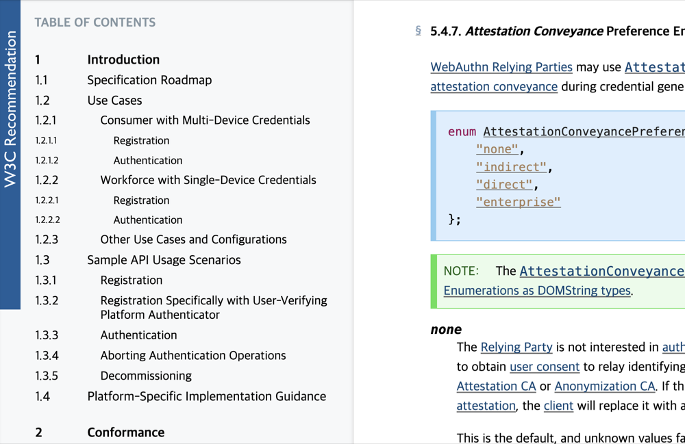 W3C WebAuthn Level 3 명세 5.4.7 절: AttestationConveyancePreference의 none 설명과 이것이 기본값이라는 문장