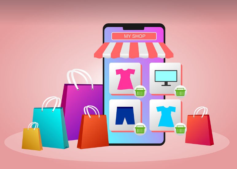 모바일 쇼핑몰 화면과 다양한 상품 아이콘이 포함된 그래픽