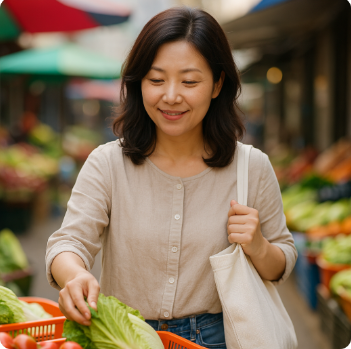 전통시장에서 장을 보고 있는 모습