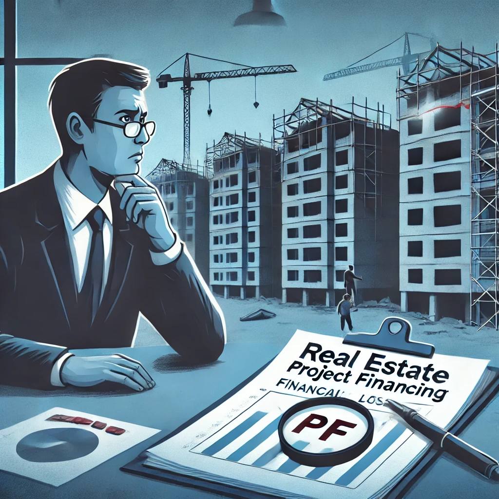 부동산 PF의 리스크: 공사 중단된 건설 현장을 바라보며 고민하는 투자자.