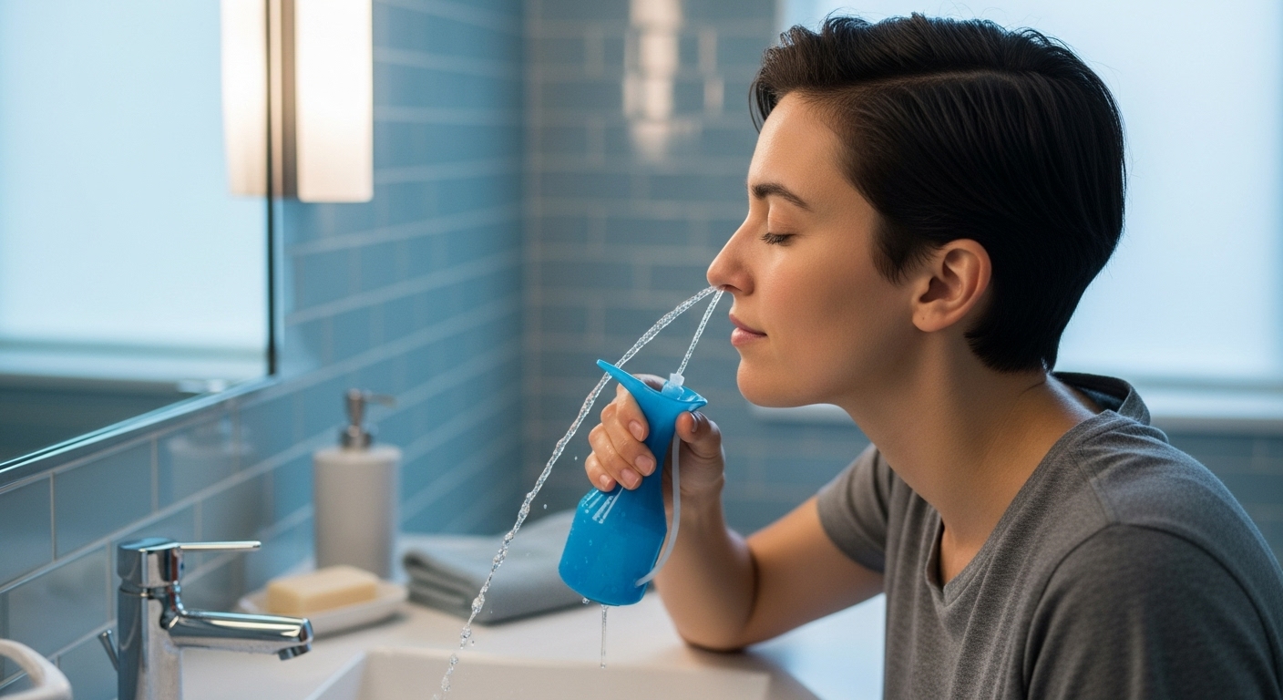 식염수 코 세척을 올바르게 하는 사람의 모습, 부비동염 관리법 시각화.