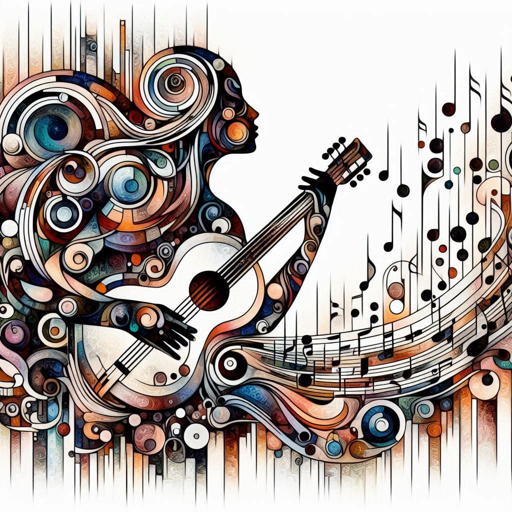 추상적 음악가와 말, 조각난 형태, 강렬한 윤곽선, 선율의 시각화2 이미지