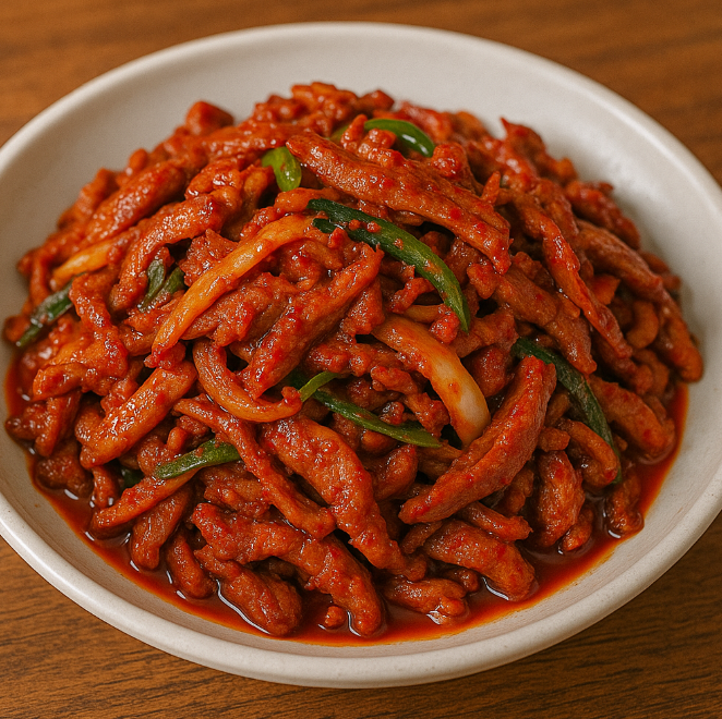 접시에 담긴 오리불고기 사진