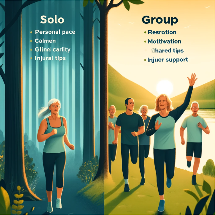 혼자 달리는 사람. 그룹으로 달리는 사람들 이미지