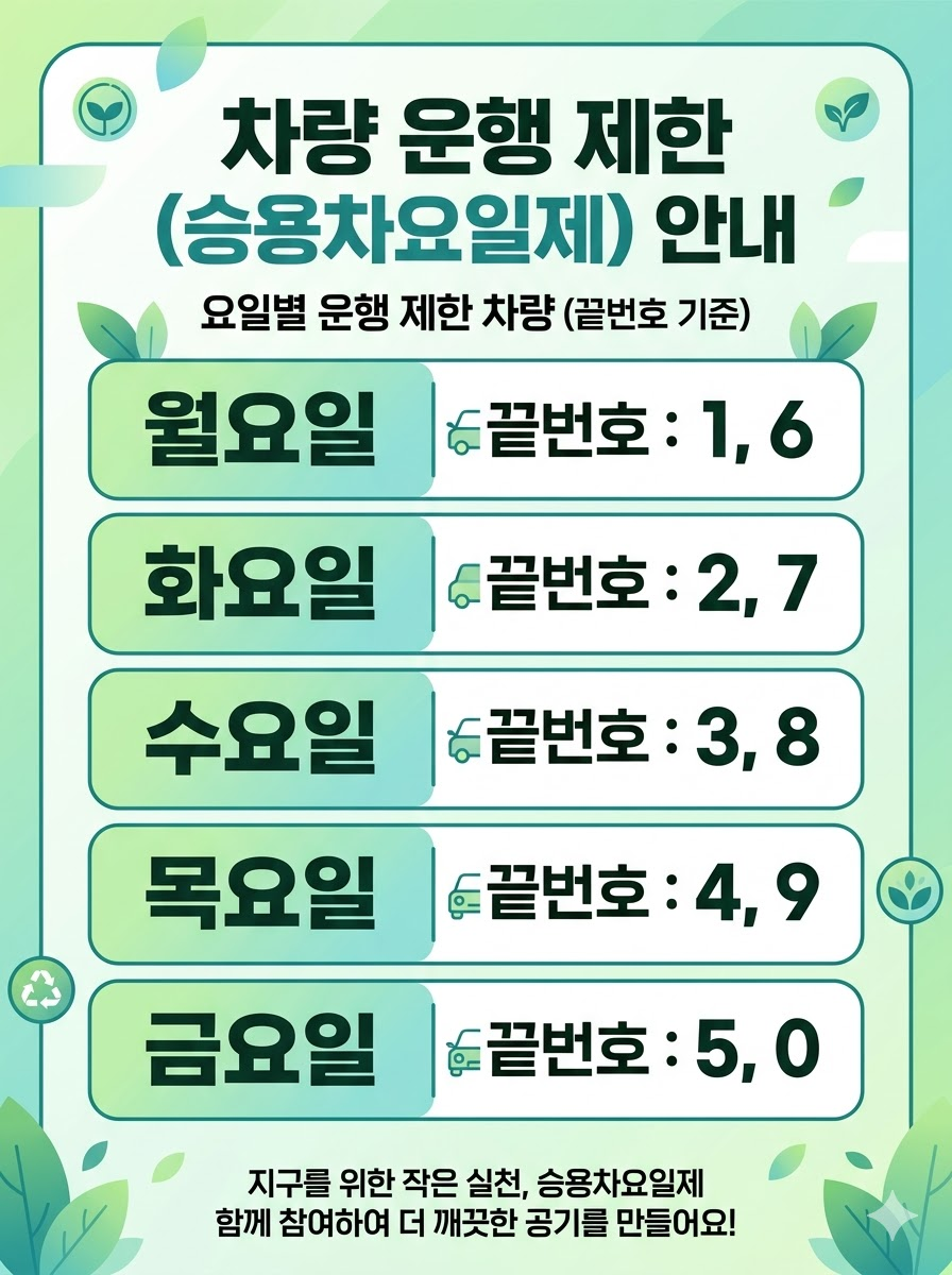 월요일부터 금요일까지 차량 번호판 끝자리에 따른 5부제 운행 제한을 직관적으로 요약한 인포그래픽