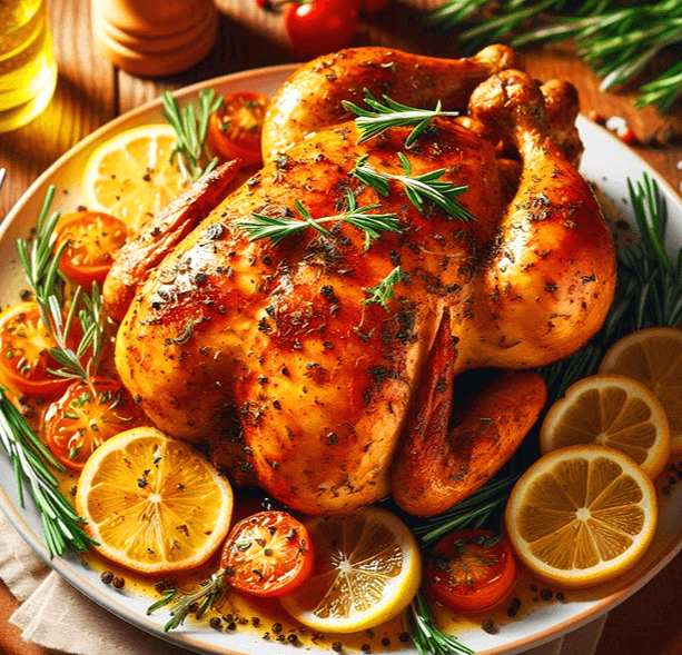 둥그런 하얀 접시에 갈색의 통닭구이가 있다. 둥글게 썬 레몬 조각들과 로즈마리들도 주변에 있다.