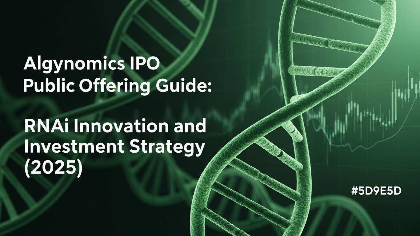 Generate a visually striking and professional thumbnail image for a blog post titled "Algynomics IPO Public Offering Guide: RNAi Innovation and Investment Strategy (2025)". The image should feature a stylized, futuristic representation of DNA or RNA strands intertwining with subtle green hues (#5D9E5D). Incorporate a subtle financial graph or stock market chart in the background, hinting at investment. A clean, modern aesthetic with a focus on innovation and growth, suitable for a bio-tech IPO.