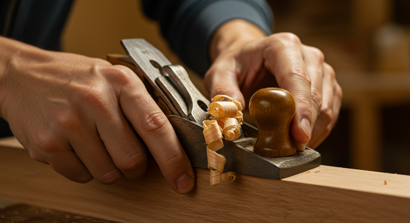 대패를 이용해 편백나무 표면을 매끄럽게 다듬는 모습