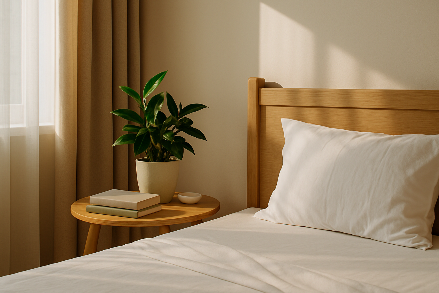 따뜻한 햇살이 들어오는 침실. 정리된 침대 위에 우드톤 협탁과 식물 책이 놓인 모습. 편안하고 평화로운 아침를 상징하는 장면