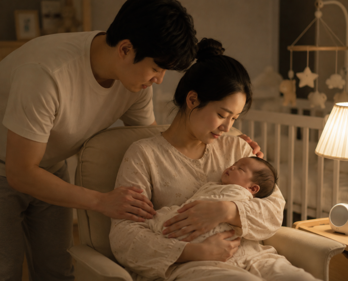신생아를 안고 있는 부모의 밤 육아 모습, 초보 부모 육아 일상 이미지