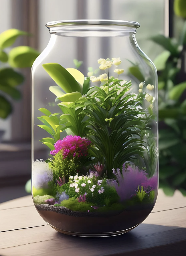 유리안에 있는 테라리움 꽃들