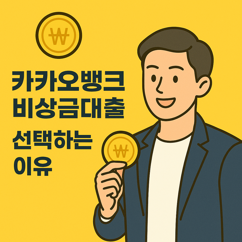 카카오뱅크 비상금대출 선택하는 이유를 설명하는 썸네일, 노란 배경에 동전을 든 남성 일러스트와 함께 강조된 제목 텍스트