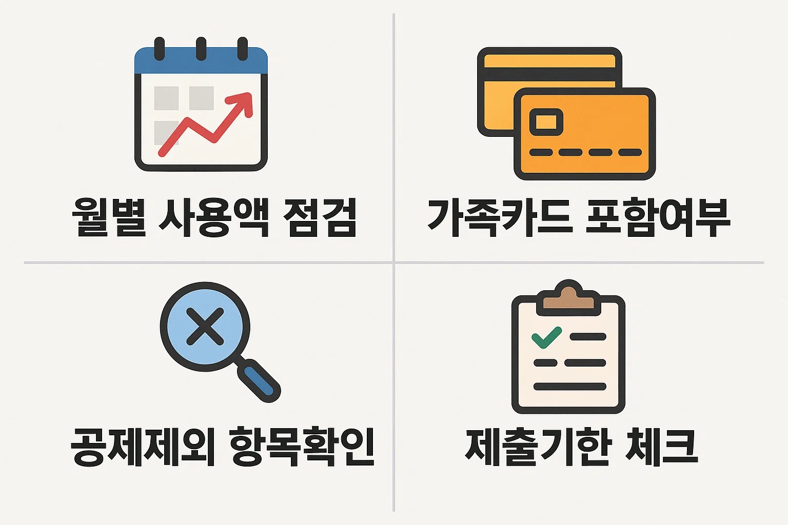 신용카드 연말정산 소득공제용 확인서 제출 전 반드시 확인해야 할 월별 사용액, 가족카드 포함 여부, 공제 제외 항목, 제출기한 체크 등을 정리한 준비 체크리스트 인포그래픽