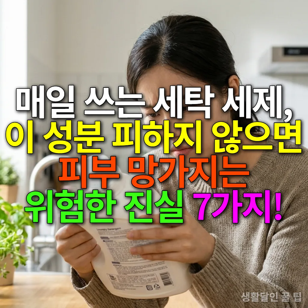 세탁 세제 성분표를 꼼꼼히 확인하는 한국인 여성의 모습