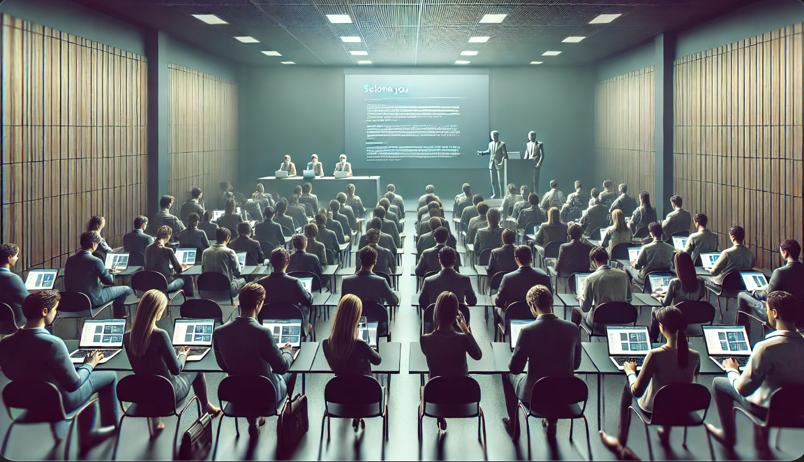 세미나실에서 진행 중인 프레젠테이션, 대형 스크린에 텍스트 통역이 표시되어 있습니다.