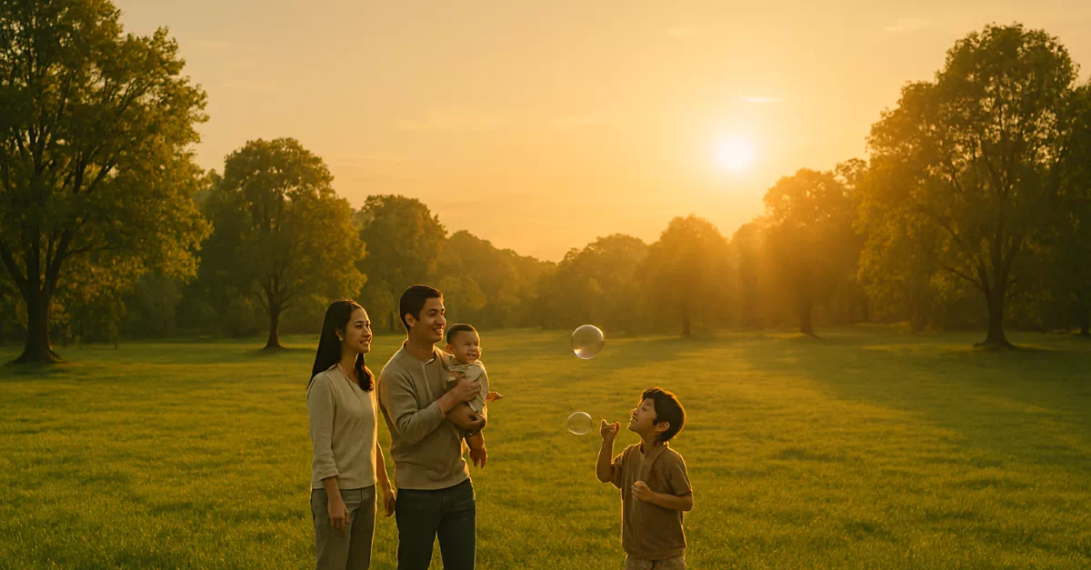 [2026 육아휴직 급여] 공원에서 가족과 비눗방울 놀이를 하며 행복한 시간을 보내는 가족