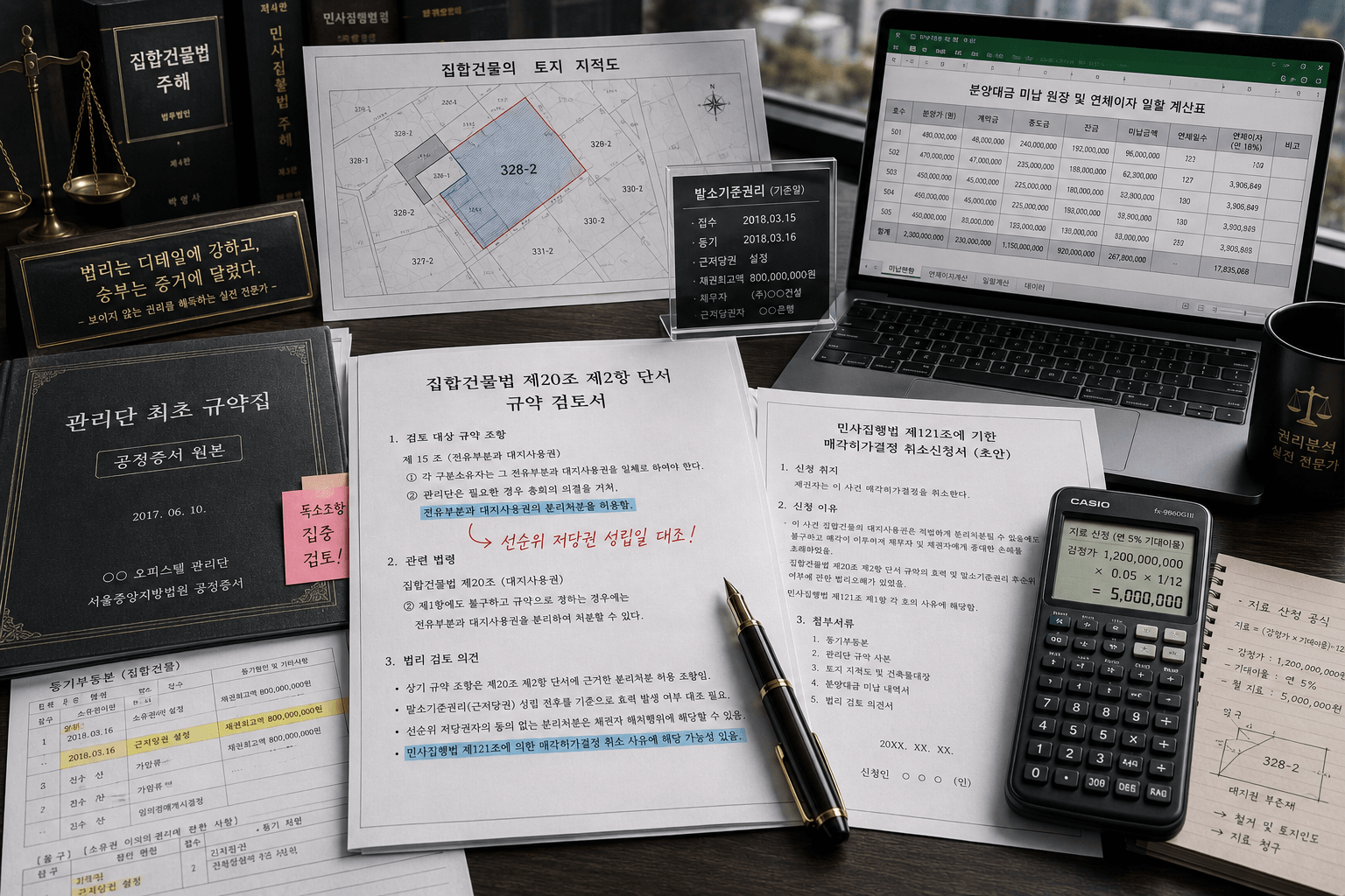 집합건물의 토지 지적도 도면과 두꺼운 '관리단 최초 규약집' 공정증서 서류 위에 말소기준권리가 표시된 경매 등기부 기재 조항들이 입체적으로 레이어드 되어 법리적 탈출구를 찾아내는 실전 마스터의 연구실 이미지