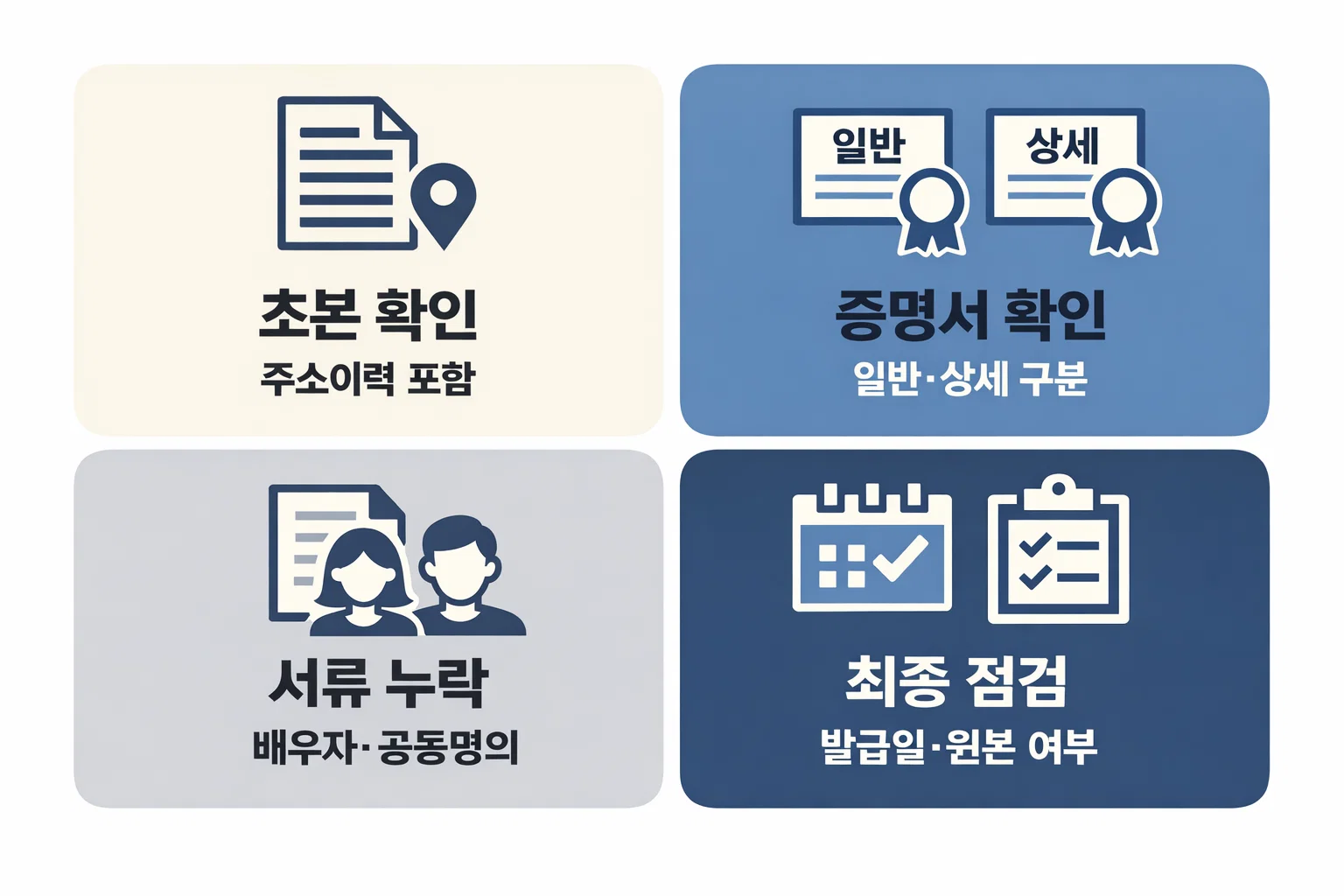 초본 주소이력 확인 증명서 일반 상세 구분 배우자 공동명의 서류 누락 체크 포인트를 설명한 이미지