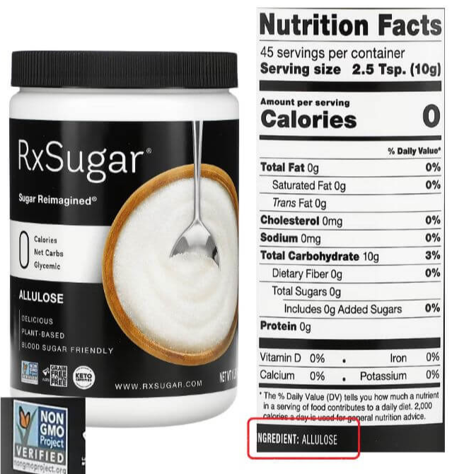 RxSugar, 가루형 알룰로스 제품사진과 영양성분표, 원재료명, 아이허브 구매링크