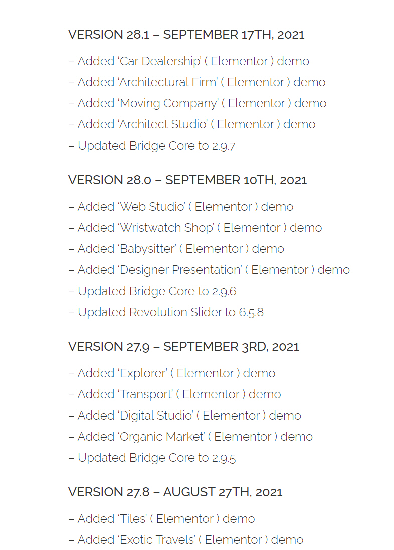 워드프레스 Bridge 테마 업데이트 - 4가지 엘리멘터용 데모 추가