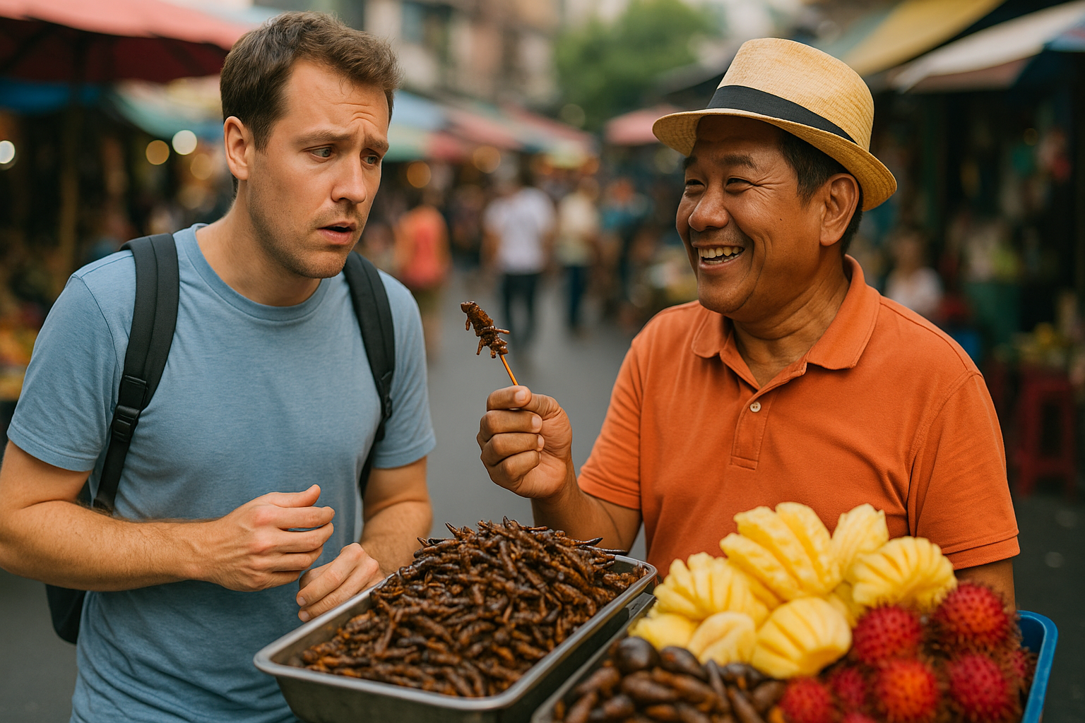 벌레튀김 앞에서 당황하는 외국인 관광객