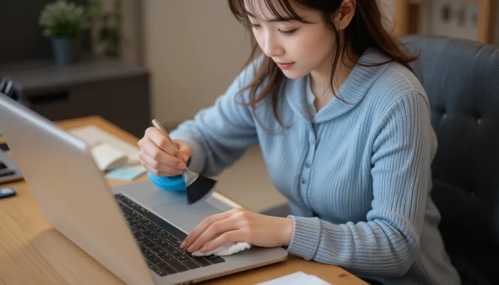 노트북 청소 방법으로 키보드를 청소하는 한국인 여성