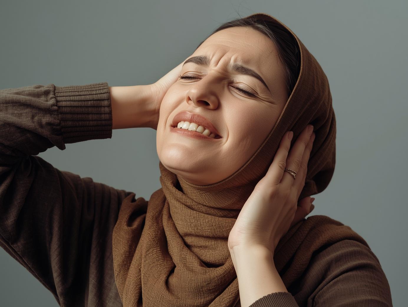 거북목 스트레칭을 하면서 고통을 참는 모습