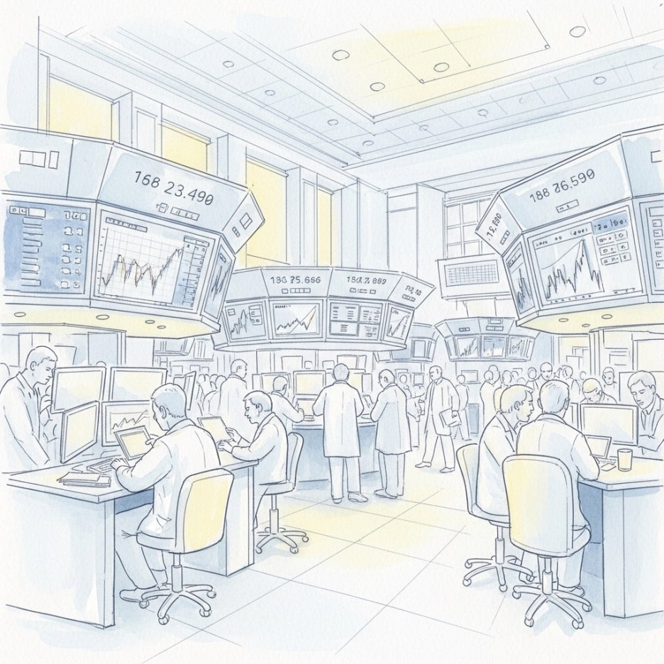 현대적인 증권 거래소의 활기찬 분위기를 담은 수채화