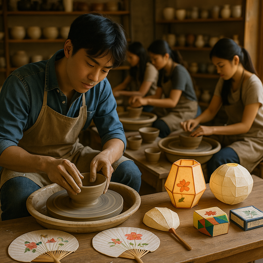 한지 공예품과 도자기를 배경으로, 물레 위에서 진지하게 도자기 그릇을 빚는 젊은 공예가의 모습