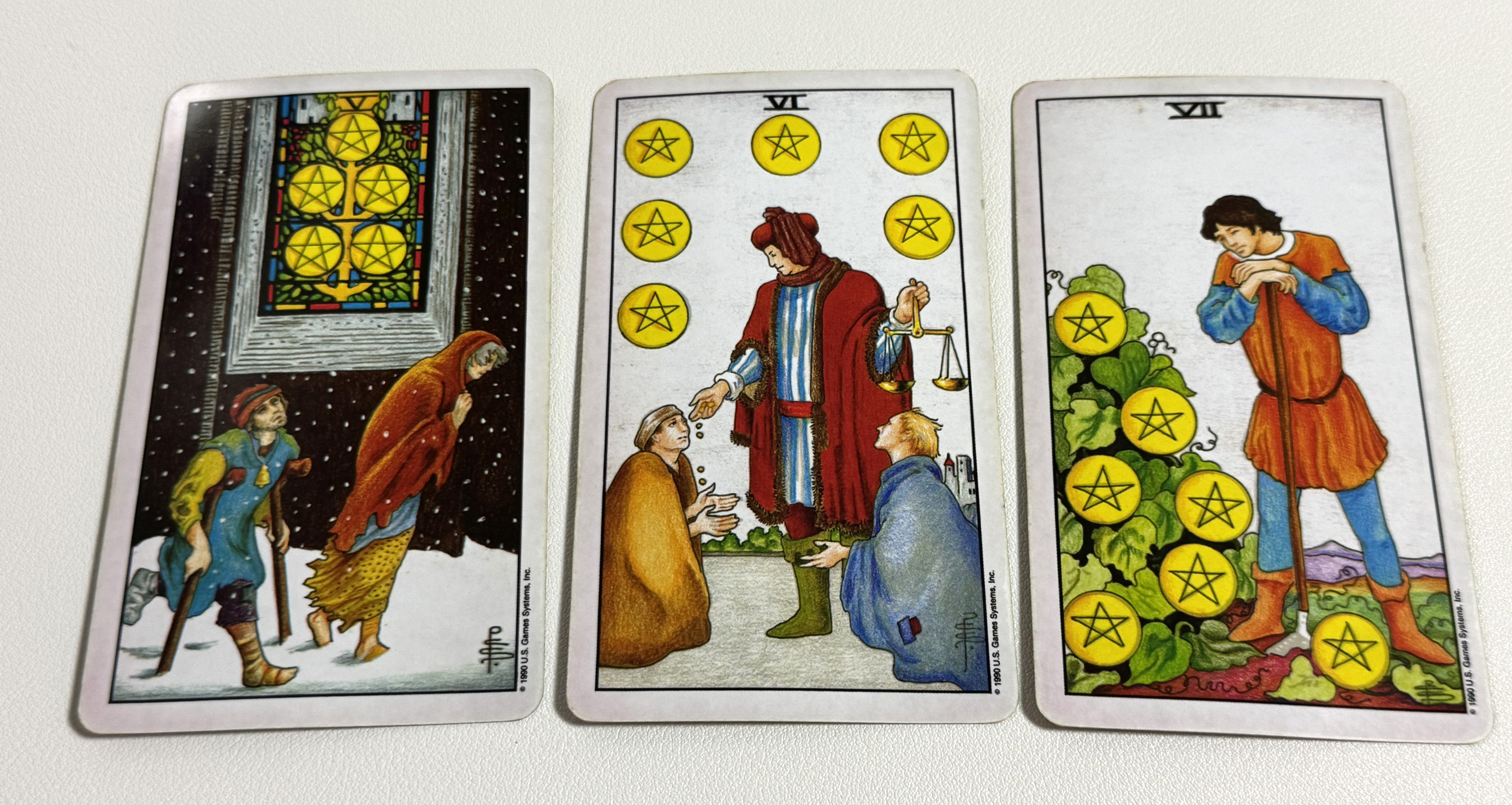 펜타클 5, 펜타클 6, 펜타클 7 타로카드