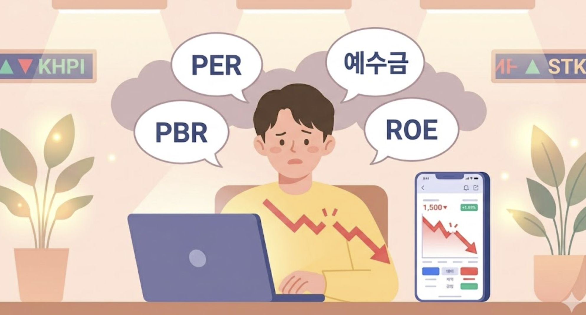 주식용어로 힘들어하는 모습 이미지