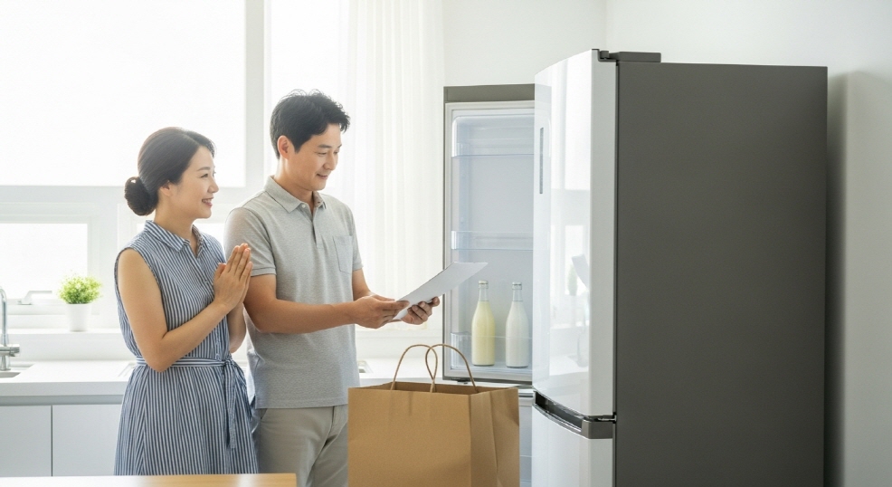 냉장고 앞에서 결제하는 부부