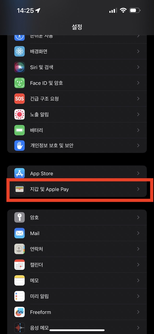 애플페이 진입 설정화면