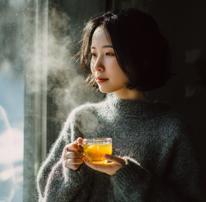 니트를 입고 창가에서 먹는 유자차