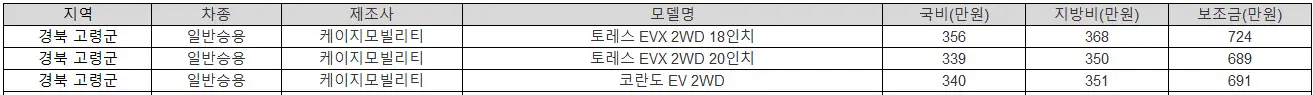 2025년 경북 고령군 전기차 보조금