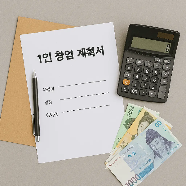 1인 창업 계획서, 계산기, 현금, 볼펜이 깔끔하게 배치된 창업 관련 사물 스튜디오컷 이미지