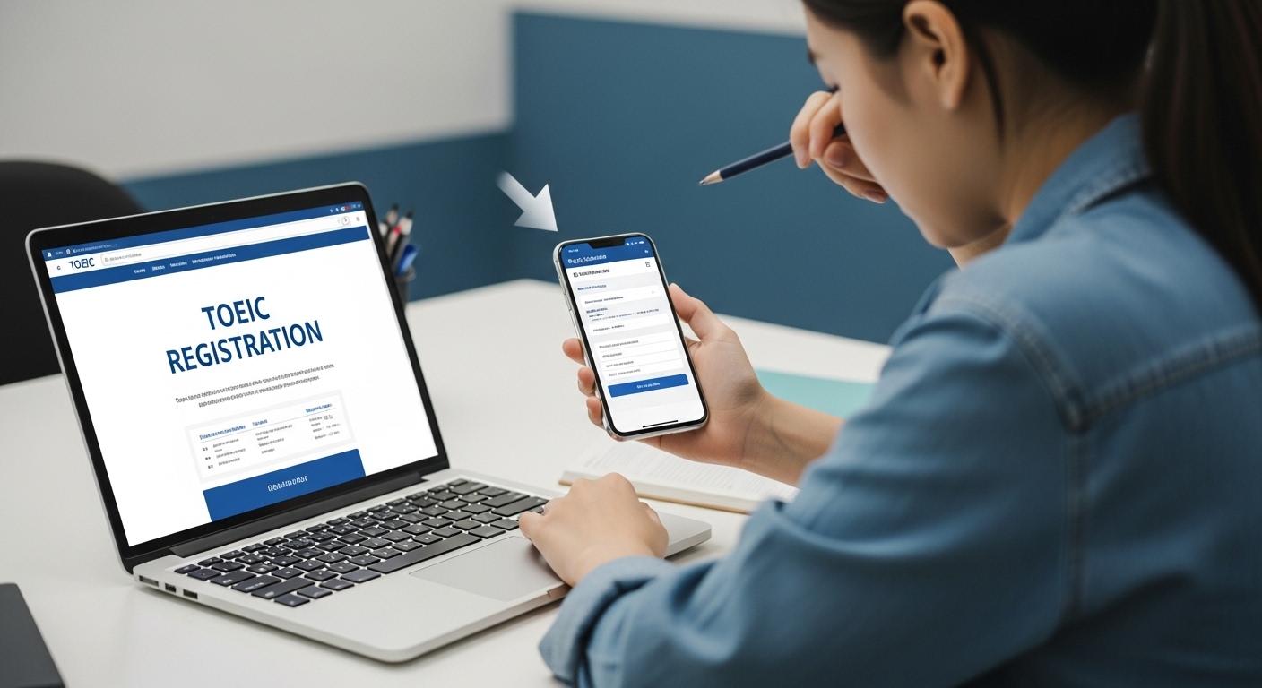 책상에 앉아 노트북과 스마트폰으로 토익 접수 과정을 확인하는 학생의 모습, 2025년 토익 시험 접수 방법을 탐색하는 초보자를 위한 안내.