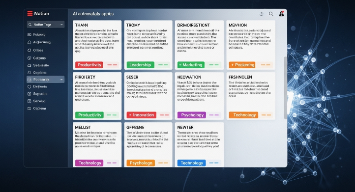AI가 책에서 추출한 하이라이트와 메모에 '생산성', '리더십' 등 주제별 태그를 자동으로 부여하여 체계적으로 분류하는 디지털 인터페이스.