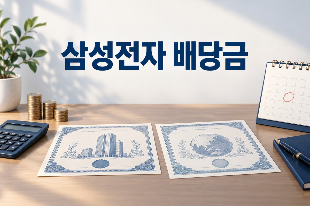 삼성전자 주식 배당금 금액 계산을 상징하는 주식 증서와 계산기 이미지